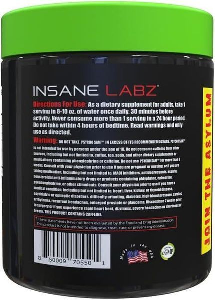 Добавка премиум-класса стойкая энергия памп выносливость Insane Labz Psycho Sam 261 г 2939159924 фото