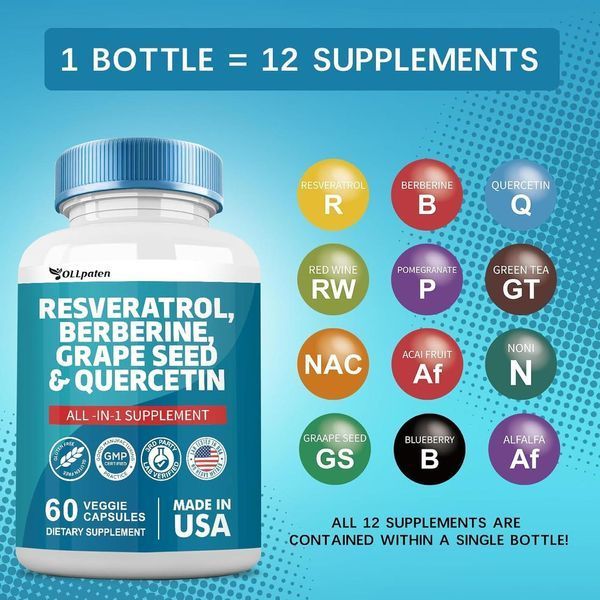 Ідеальна універсальна преміальна домішка OLLpaten Resveratrol Berberine Grape Seed Extract Quercetin Green Tea Extract 60 2352328471 фото