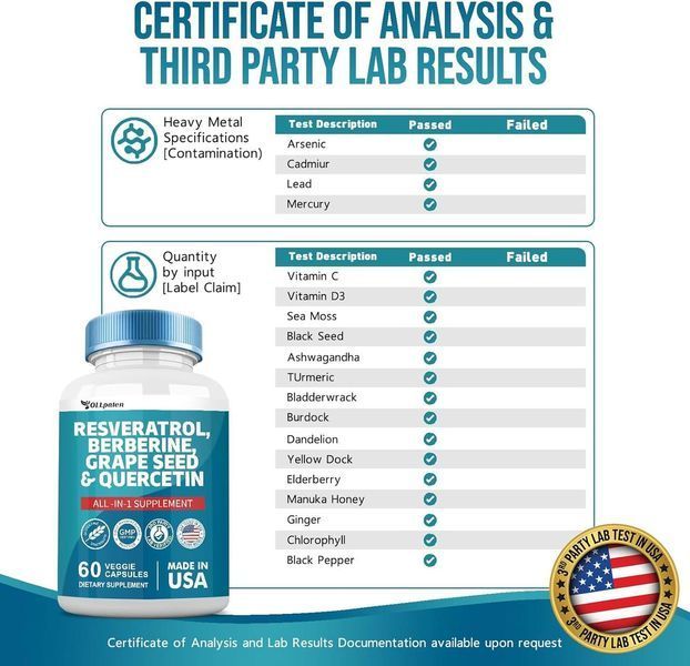 Ідеальна універсальна преміальна домішка OLLpaten Resveratrol Berberine Grape Seed Extract Quercetin Green Tea Extract 60 2352328471 фото