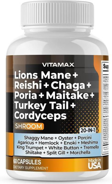 Преміальна суміш грибів Vitamax Lions Mane Mushroom 3000 mg Turkey Tail 2000 mg Chaga & Reishi 1000mg Cordyceps Shiike White Elm 2058332147 фото