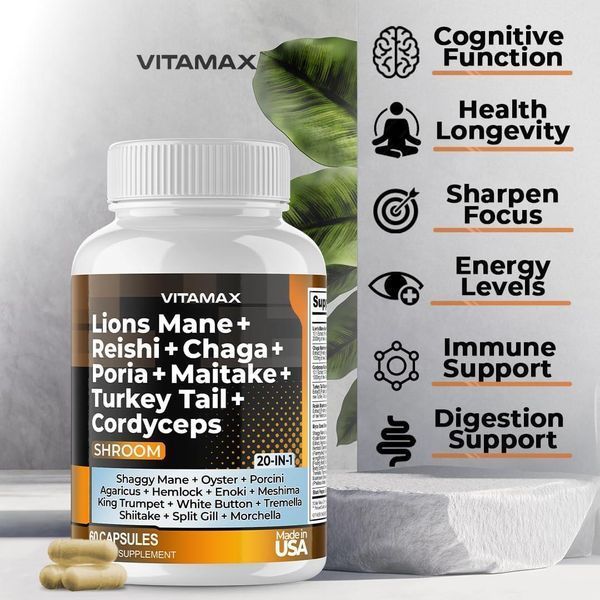 Преміальна суміш грибів Vitamax Lions Mane Mushroom 3000 mg Turkey Tail 2000 mg Chaga & Reishi 1000mg Cordyceps Shiike White Elm 2058332147 фото