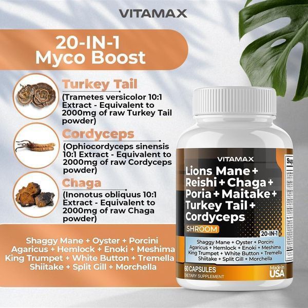 Преміальна суміш грибів Vitamax Lions Mane Mushroom 3000 mg Turkey Tail 2000 mg Chaga & Reishi 1000mg Cordyceps Shiike White Elm 2058332147 фото