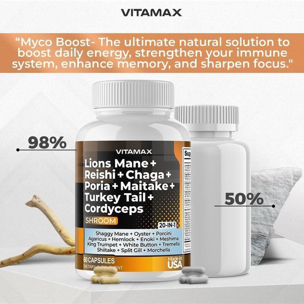 Преміальна суміш грибів Vitamax Lions Mane Mushroom 3000 mg Turkey Tail 2000 mg Chaga & Reishi 1000mg Cordyceps Shiike White Elm 2058332147 фото
