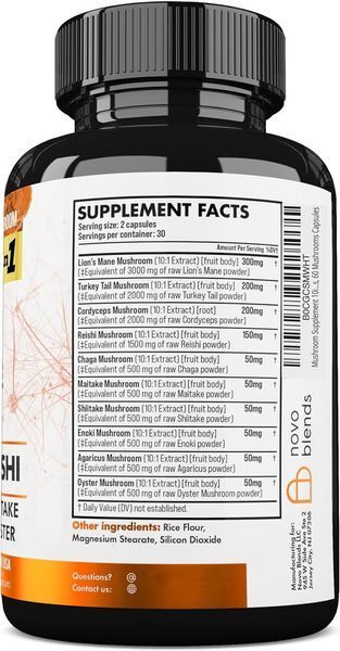 Ноотропна домішка для пам'яті та концентрації уваги Novo Blends Mushroom Supplement 10x Complex 60 капсул 2185153648 фото