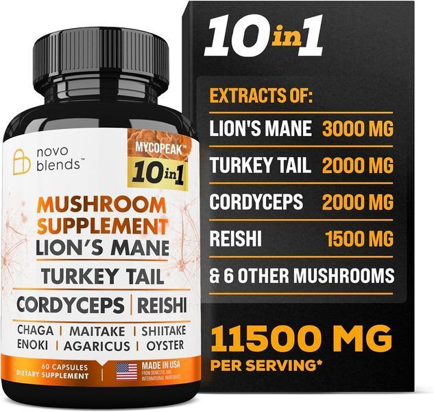 Ноотропна домішка для пам'яті та концентрації уваги Novo Blends Mushroom Supplement 10x Complex 60 капсул 2185153648 фото