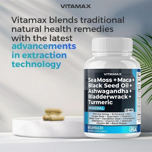 Повний комплекс на основі морського моху Vitamax Sea Moss 3000 mg Maca 2000 mg Black Seed Oil 2000 mg Ashwagandha 1000mg Bladderwrack 2058332149 фото