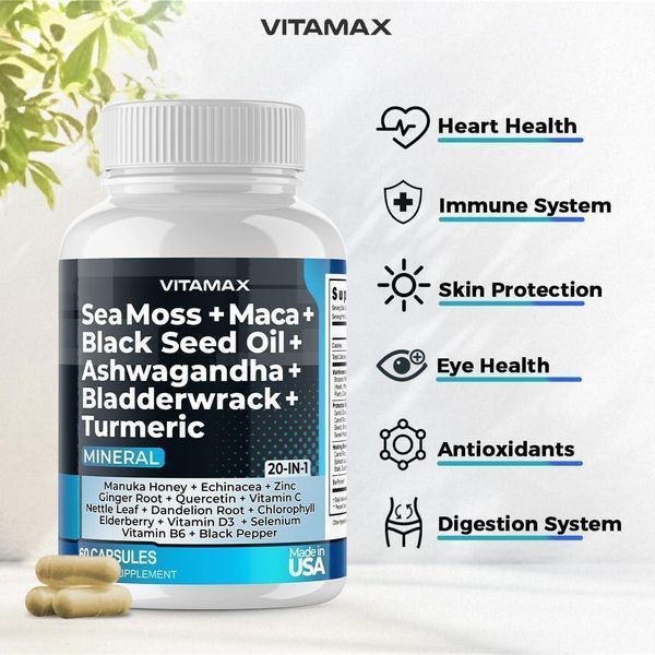 Повний комплекс на основі морського моху Vitamax Sea Moss 3000 mg Maca 2000 mg Black Seed Oil 2000 mg Ashwagandha 1000mg Bladderwrack 2058332149 фото