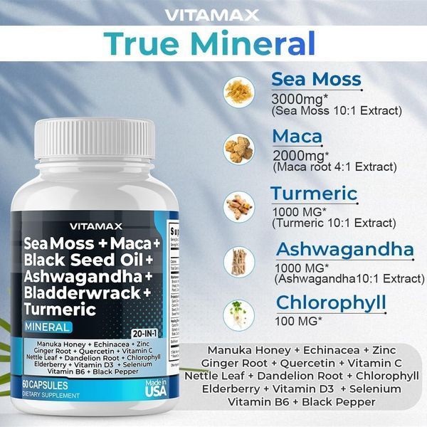 Повний комплекс на основі морського моху Vitamax Sea Moss 3000 mg Maca 2000 mg Black Seed Oil 2000 mg Ashwagandha 1000mg Bladderwrack 2058332149 фото