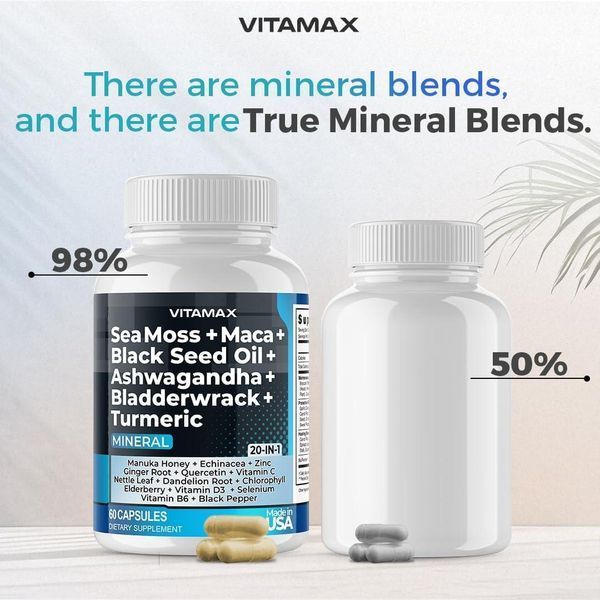 Повний комплекс на основі морського моху Vitamax Sea Moss 3000 mg Maca 2000 mg Black Seed Oil 2000 mg Ashwagandha 1000mg Bladderwrack 2058332149 фото