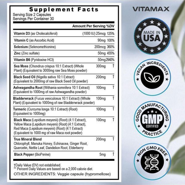 Повний комплекс на основі морського моху Vitamax Sea Moss 3000 mg Maca 2000 mg Black Seed Oil 2000 mg Ashwagandha 1000mg Bladderwrack 2058332149 фото