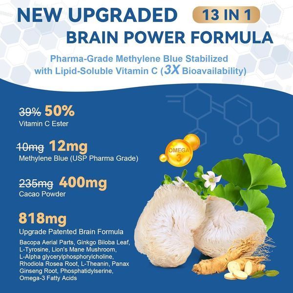 Домішка преміумкласу метиленовий синій кровообіг і приплив кисню Totaria Methylene Blue USP Grade 13 in 120 капсул 2684741461 фото