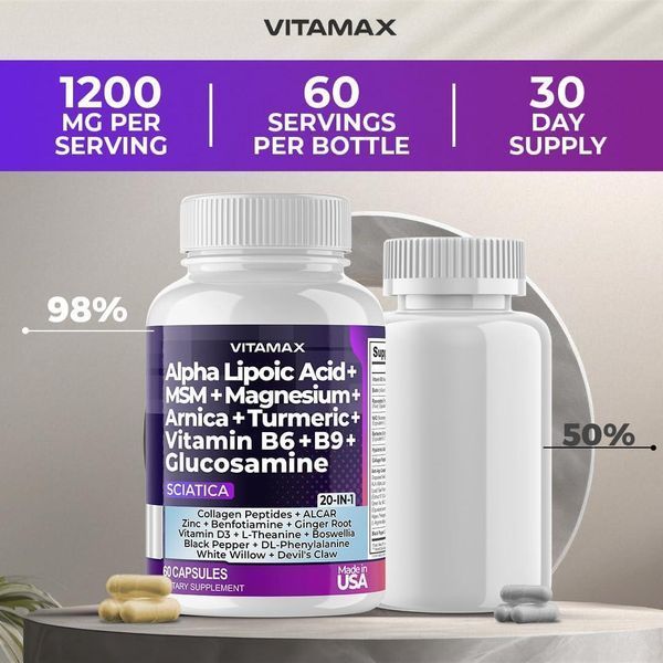 Премиальный комплекс для поддержки здоровья седалищного нерва Vitamax Folic Acid, Pea, Glucosamine, MSM, Vitamin B Complex, Alpha 2058332150 фото