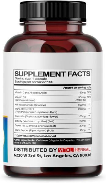 Домішка преміумкласу підтримання здоров'я клітин Vital Herbal Liposomal NAD+ 150 капсул 2761488849 фото