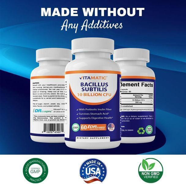 Домішка преміумкласу підтримка травлення й імунітету Vitamatic Bacillus Subtilis 10 Billion 60 капсул 2665739777 фото