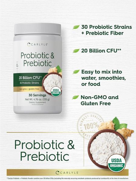 Домішка преміумкласу органічна суміш пребіотичних волокон Carlyle Probiotic and Prebiotic Powder 135 г 2816487842 фото