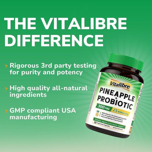 Добавка премиум-класса обеспечивает комплексную поддержку Vitalibre Pineapple + Probiotic 30 капсул 3199670941 фото