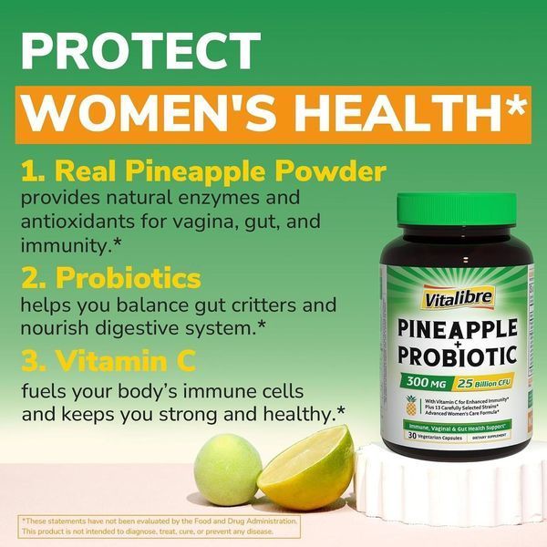 Добавка премиум-класса обеспечивает комплексную поддержку Vitalibre Pineapple + Probiotic 30 капсул 3199670941 фото