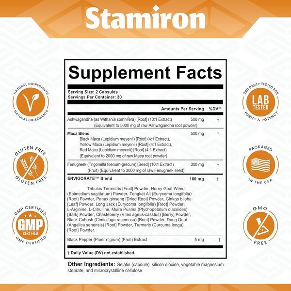 Премиальный комплекс на основе ашвагандхи Stamiron Maca Root 2000mg Fenugreek 3000mg Ashwagandha 5000mg Supplement with Tongkat Ali, Dong Quai, Black Cohosh Root, Ginkgo Biloba, L Arginine, L-Citrulline 60 капсул 4384305967 фото