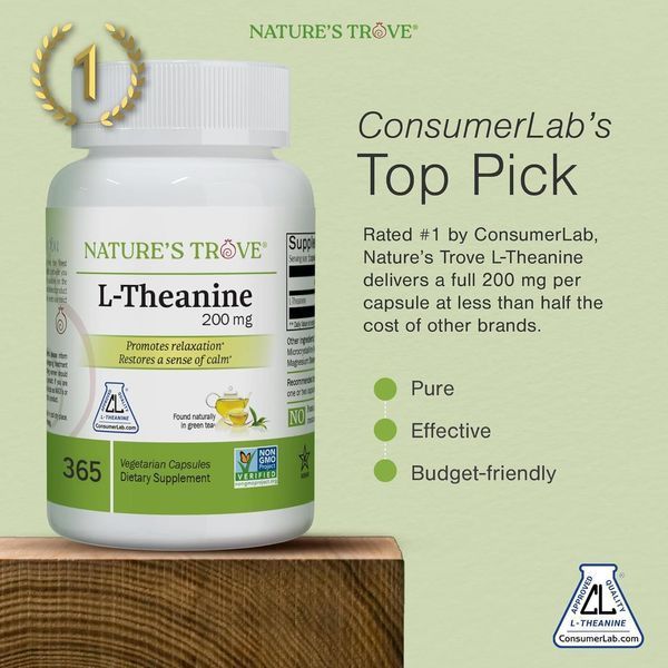 Nature's Trove L-Theanine 200mg домішка преміумкласу для заспокоєння 365 капсул 2964373895 фото