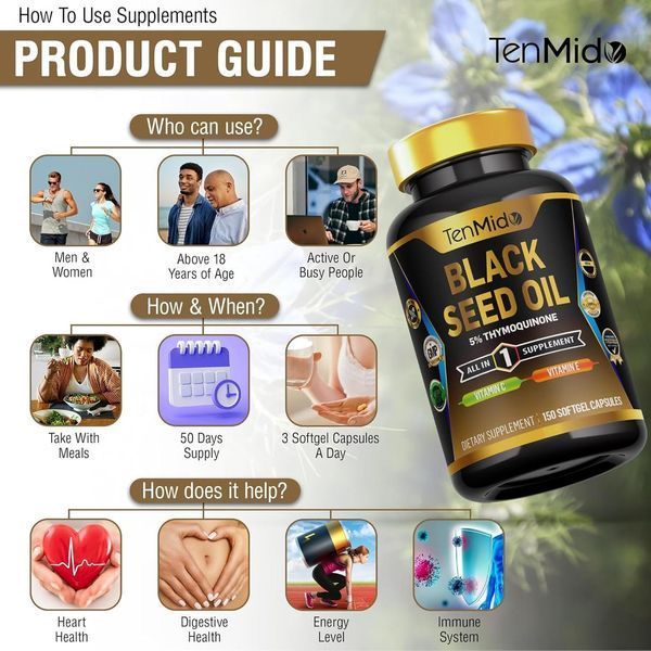 Добавка премиум-класса с маслом черного тмина Tenmido Black Seed Oil Vitamin C Vitamin E 150 капсул 2465746542 фото