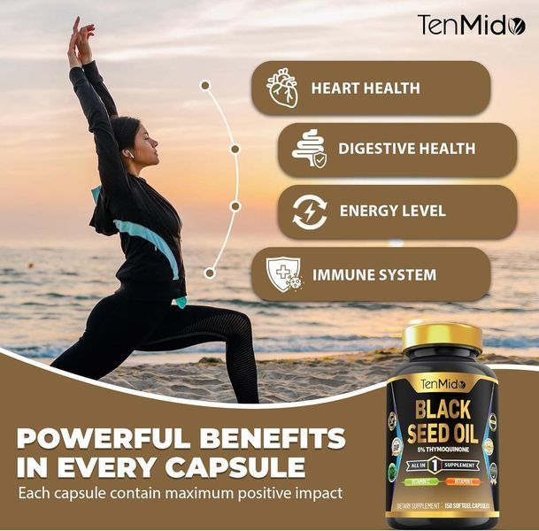 Добавка премиум-класса с маслом черного тмина Tenmido Black Seed Oil Vitamin C Vitamin E 150 капсул 2465746542 фото