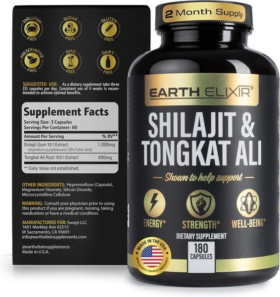 Добавка преміум-класу шилажит муміє високого засвоєння Earth Elixir Shilajit and Tongkat Ali 180 капсул 43819538994 фото