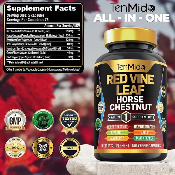 Домішка преміумкласу з екстрактом листя червоного винограду Tenmido Red Vine Leaf Horse Chestnut 150 капсул 2465746544 фото
