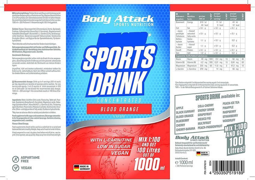 Изотоник Body Attack Low Carb Sports Drink 1000 мл Апельсин (4384303619) 1450223929 фото