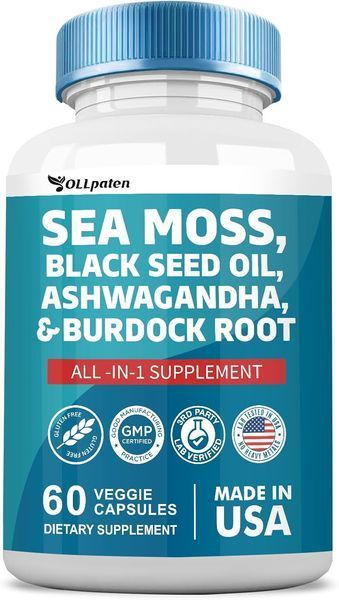 Мультиминеральная смесь премиум-класса OLLpaten Sea Moss Black Seed Oil Ashwagandha Turmeric Bladderwrack Burdock 60 капсул 4384307045 фото