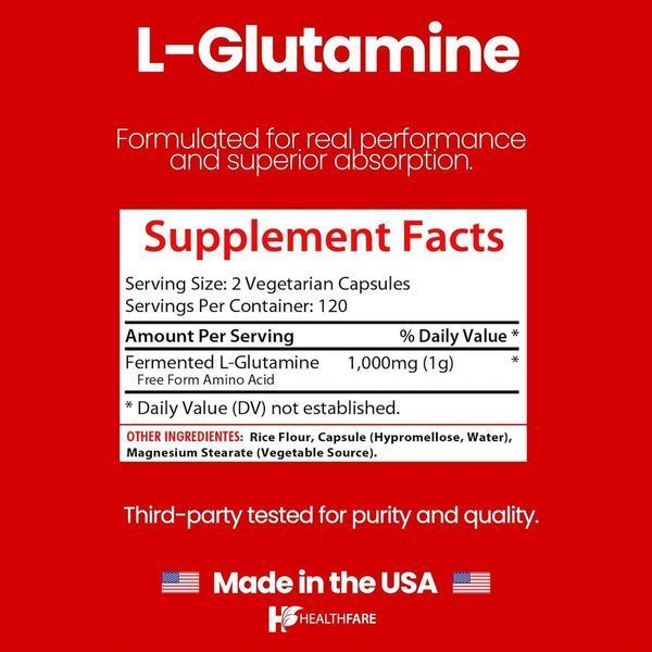Домішка преміумкласу баланс травлення відновлення м'язів Healthfare L Glutamine 1000mg 240 капсул 2896119628 фото