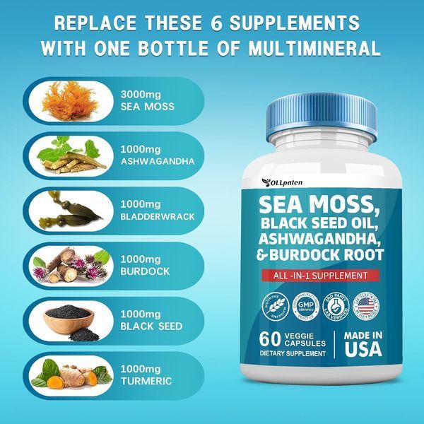 Мультиминеральная смесь премиум-класса OLLpaten Sea Moss Black Seed Oil Ashwagandha Turmeric Bladderwrack Burdock 60 капсул 4384307045 фото