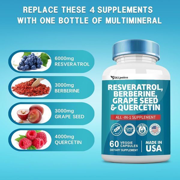 Идеальная универсальная премиальная добавка OLLpaten Resveratrol Berberine Grape Seed Extract Quercetin Green Tea Extract 60 капсул 4384307047 фото