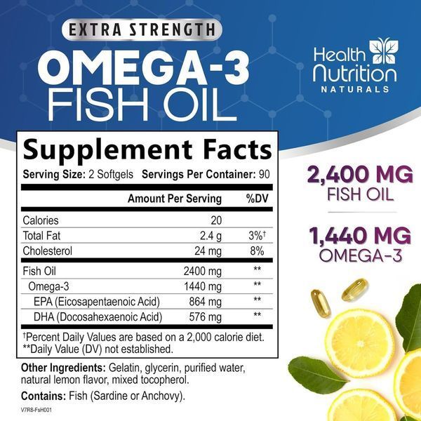 Добавка премиум-класса иммунная поддержка здоровья мозга и сердца Health Nutrition Naturals Omega 3 Fish Oil 2400 mg 180 капсул 2870317180 фото