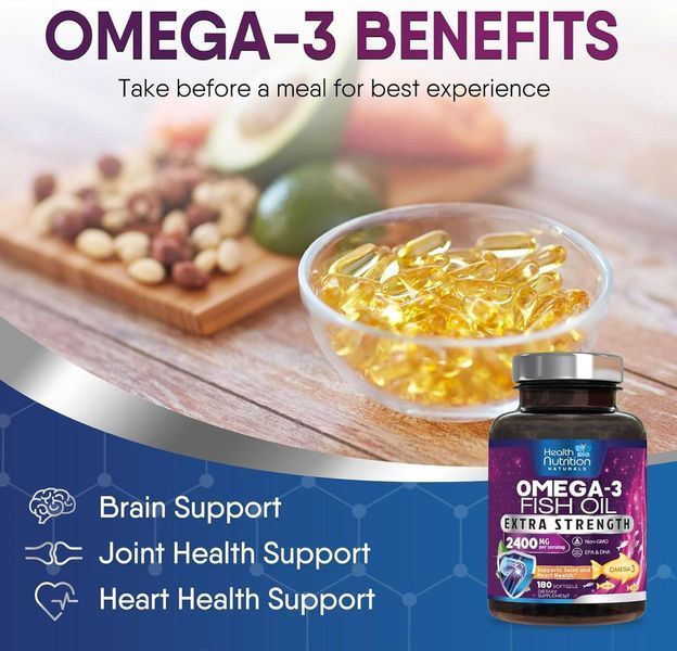 Добавка премиум-класса иммунная поддержка здоровья мозга и сердца Health Nutrition Naturals Omega 3 Fish Oil 2400 mg 180 капсул 2870317180 фото