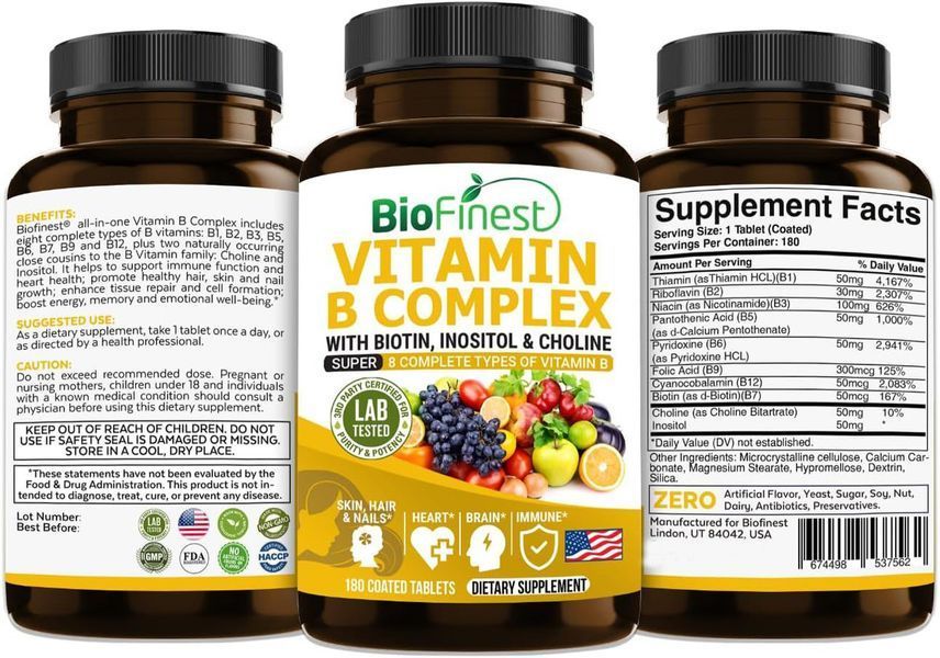 Комплексная добавка витамина B премиум-класса BioFinest Vitamin B Complex 180 таблеток 2246416335 фото
