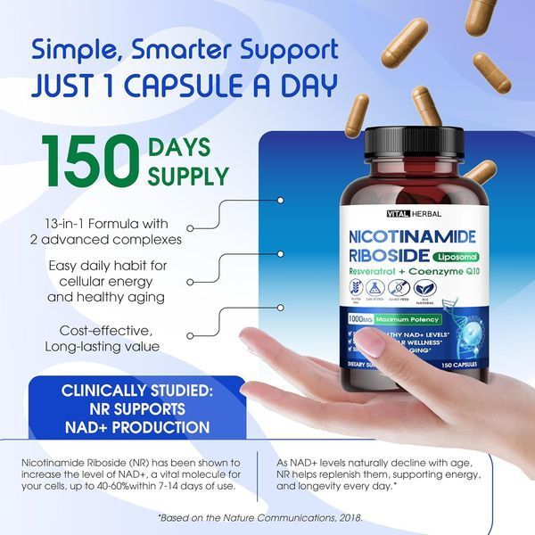 Добавка премиум-класса здоровье клеток Vitаl Herbal Liposomal Nicotinamide Riboside with Resveratrol & CoQ10 150 капсул 4384133443 фото