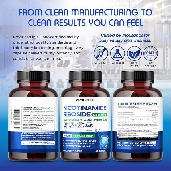 Добавка премиум-класса здоровье клеток Vitаl Herbal Liposomal Nicotinamide Riboside with Resveratrol & CoQ10 150 капсул 4384133443 фото