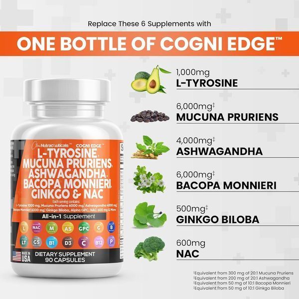 Домішка для підтримки чудового самопочуття Clean Nutraceuticals L-Tyrosine Mucuna Pruriens 90 капсул 2058332120 фото
