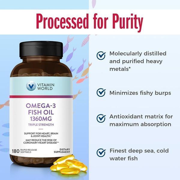 Добавка премиум-класса омега-3 высокой концентрации Vitamin World Triple Strength Omega 3 Fish Oil 1360 mg 180 капсул 2749909692 фото