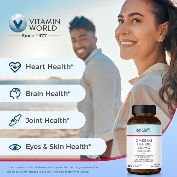 Добавка премиум-класса омега-3 высокой концентрации Vitamin World Triple Strength Omega 3 Fish Oil 1360 mg 180 капсул 2749909692 фото