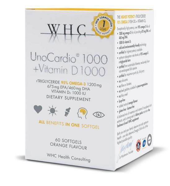 Добавка премиум-класса омега-3 с апельсиновым вкусом WHC UnoCardio 1000 Fish Oil 60 капсул 2701866571 фото