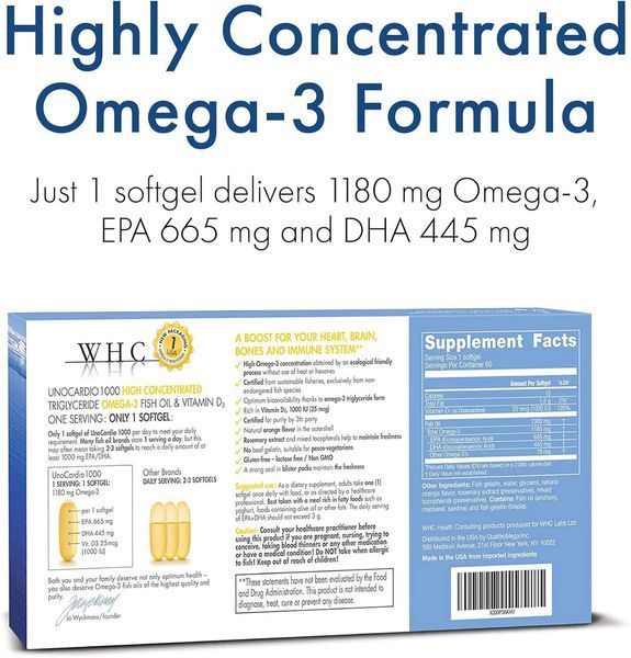 Добавка премиум-класса омега-3 с апельсиновым вкусом WHC UnoCardio 1000 Fish Oil 60 капсул 2701866571 фото