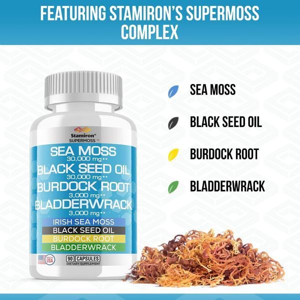 Полный комплекс на основе морского мха Stamiron Irish Sea Moss 30,000mg Black Seed Oil Capsules 30,000mg with Burdock Root 3000mg Bladderwrack 3000mg 90 капсул 4384305969 фото