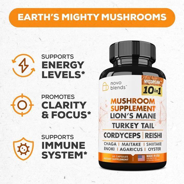 Ноотропная добавка для памяти и концентрации внимания Novo Blends Mushroom Supplement 10x Complex 60 капсул 4384306458 фото