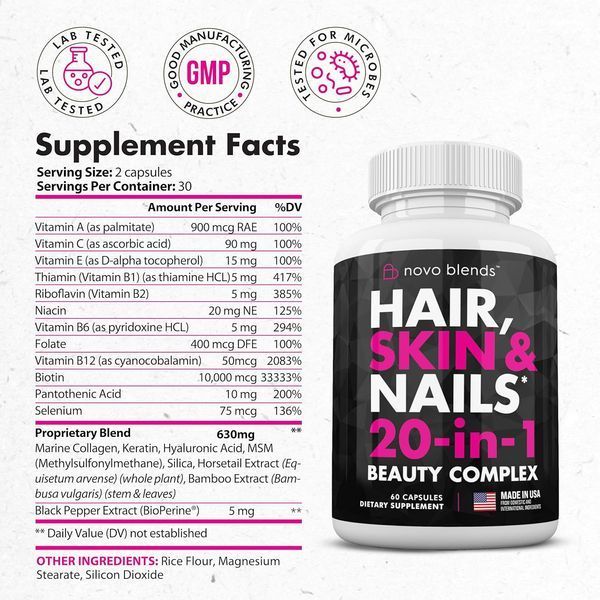 Витамины для волос, кожи и ногтей Novo Blends Hair Skin and Nails Vitamins 60 капсул 4384306459 фото