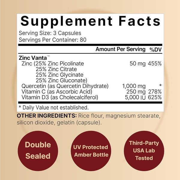 Домішка преміумкласу для підтримки імунітету NatureBell Zinc Quercetin with Vitamin C&D3 240 капсул 2424564202 фото