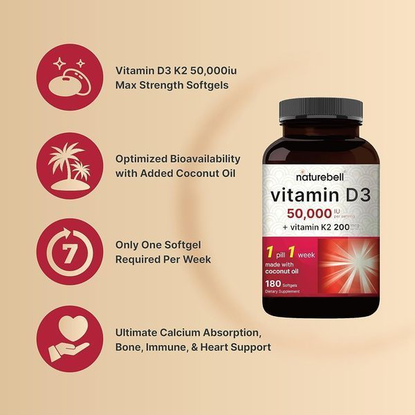 Добавка премиум-класса поддержка костей, сердца, иммунитета NatureBell Vitamin D3 50,000 iu with K2 200 mcg 180 капсул 4384307265 фото