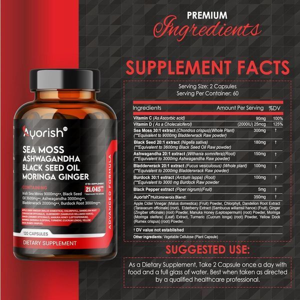 Иммунный бустер премиум-класса Ayorish Sea Moss Black Seed Oil Ashwagandha Bladderwrack Burdock Vitamin C & D3 with Elderberry 2093423437 фото