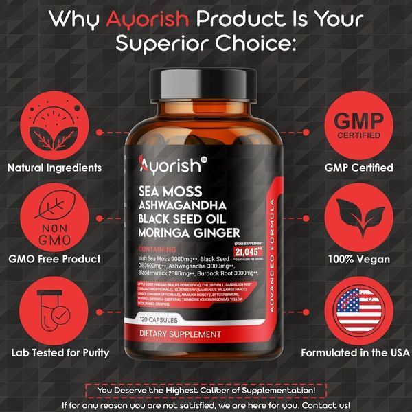 Иммунный бустер премиум-класса Ayorish Sea Moss Black Seed Oil Ashwagandha Bladderwrack Burdock Vitamin C & D3 with Elderberry 2093423437 фото