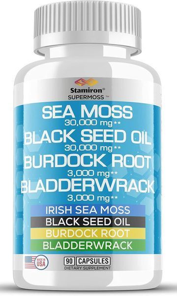 Повний комплекс на основі морського моху Stamiron Irish Sea Moss 30,000 mg Black Seed Oil Capsules 30,000mg with Burdock Root 3000mg 2058332132 фото